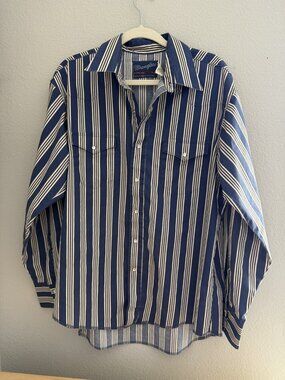 Wrangler Western Pearl Snap Shirt Men's size 17 - 35 Blue White X-Long Tails